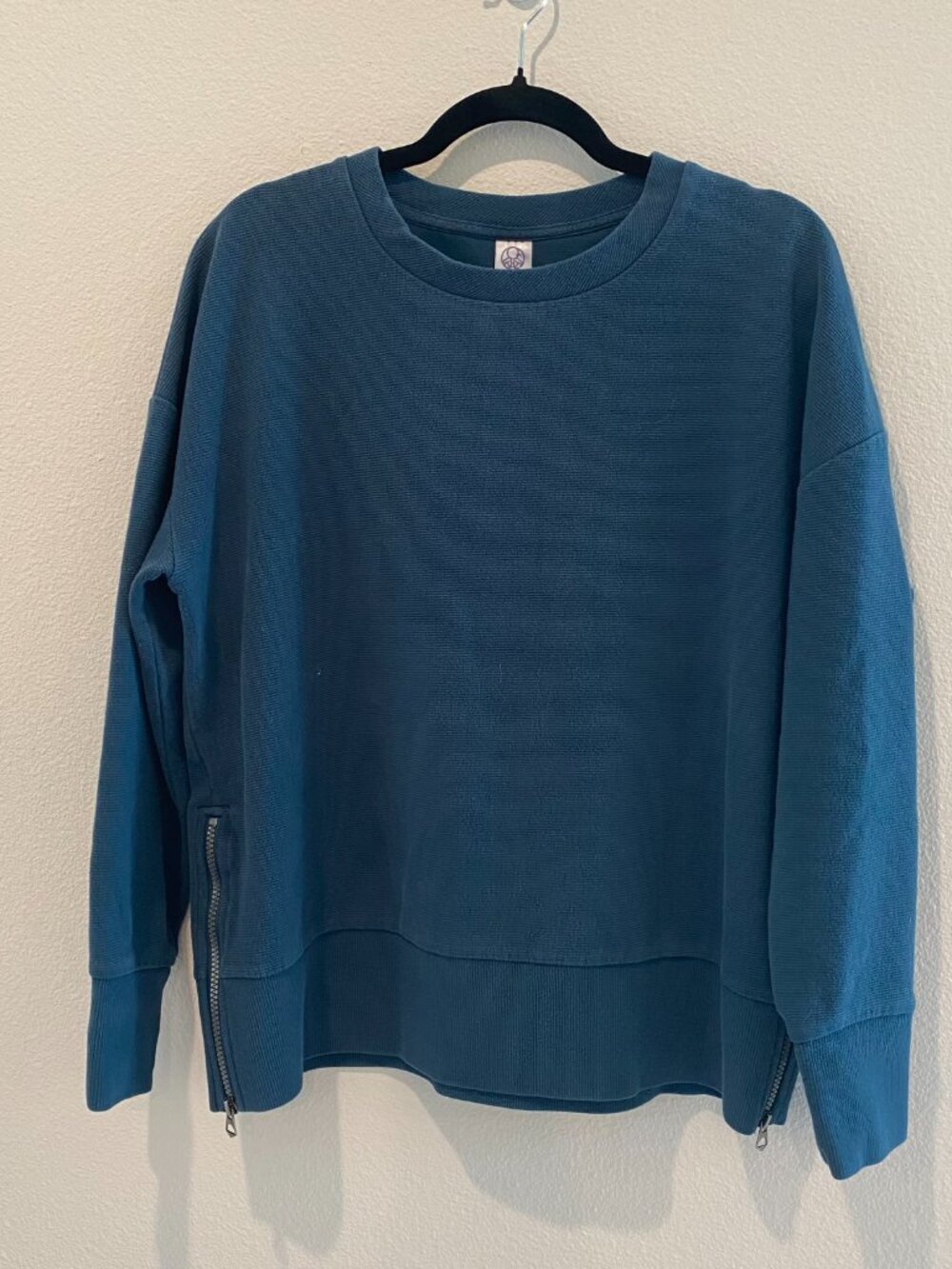 Te Verde Teal Blue Side Zipper Crew Neck Sweatshirt Cotton Blend Large